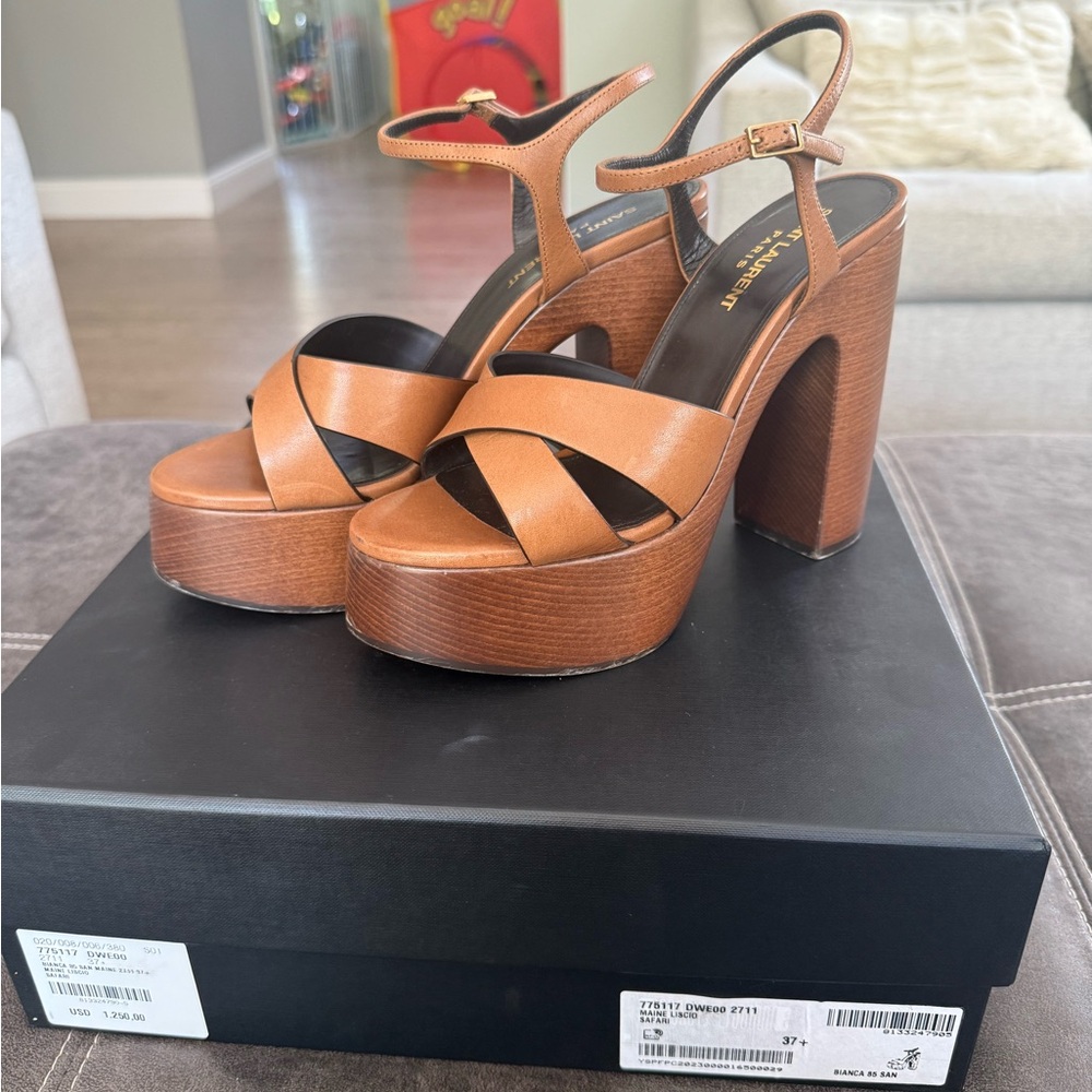 Yves Saint Laurent Tan Platform Sandals with Chunky Heel